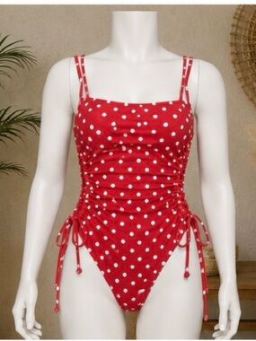 Red Polka Dot  One-Piece Swimsuit with Side Ties